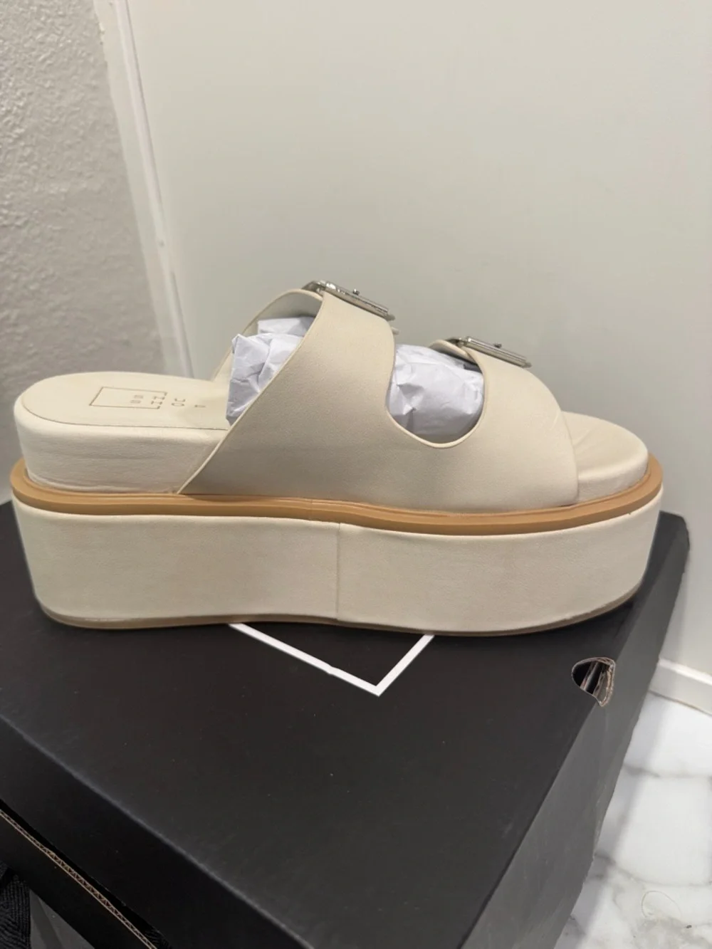 NWT SHUSHOP Lucinda Platform Slide Stone Sandal women’s size 7.5 - Picture 4 of 8
